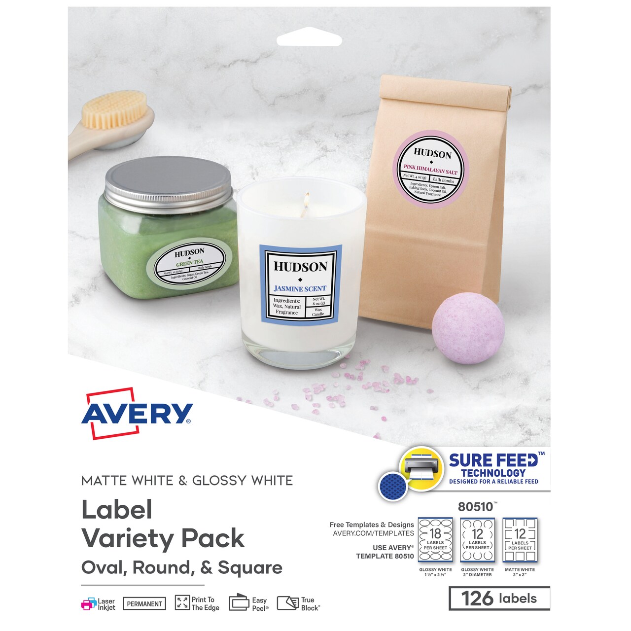 Avery Labels Variety Pack, Sure Feed Technology, Laser/Inkjet, Assorted Label Shapes, 126 Labels (80510)